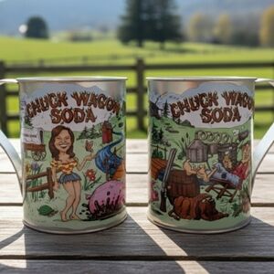 Vintage Chuck Wagon Soda Collector Tin Mugs, 32 oz